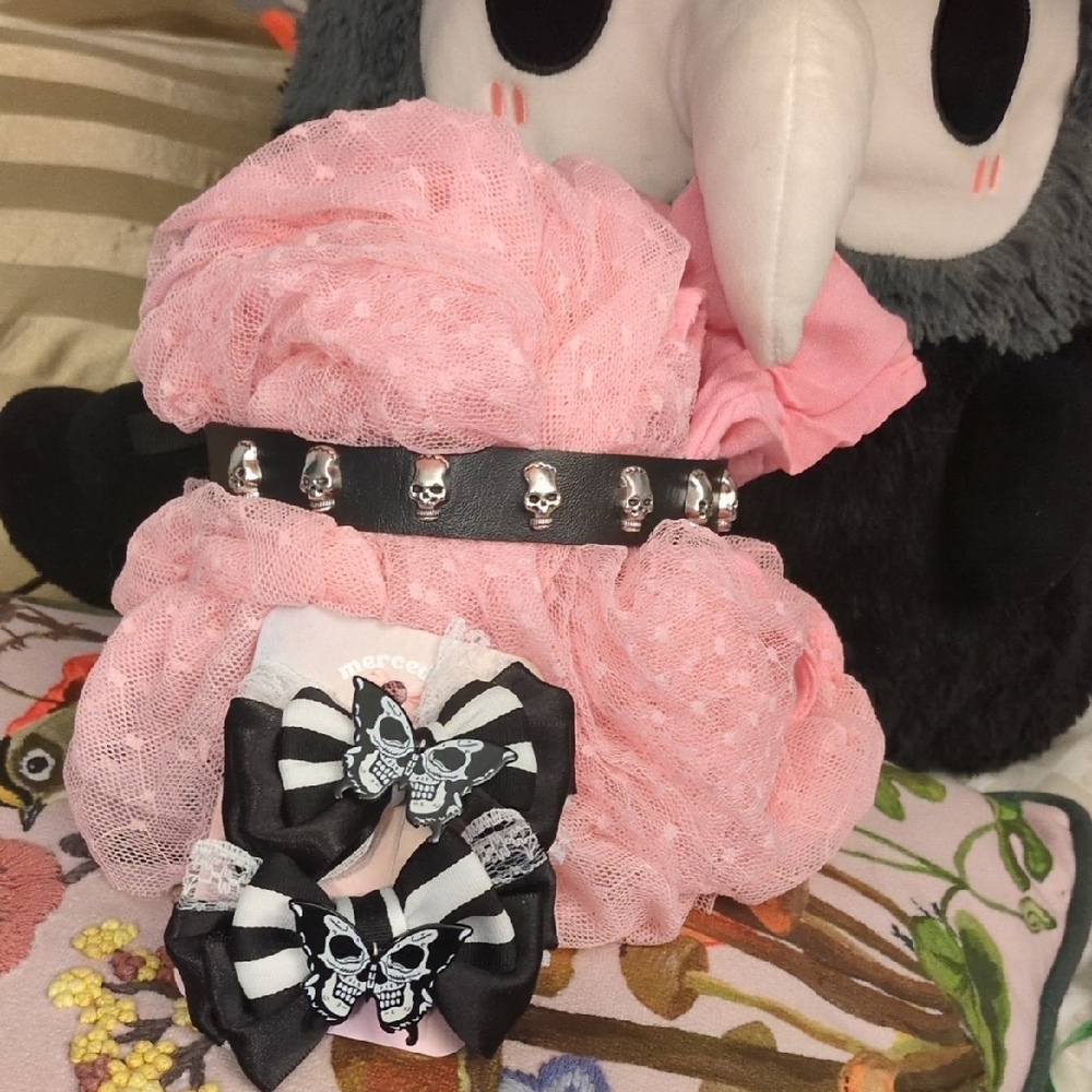 Pink and Black Skull Headband and Bow Set